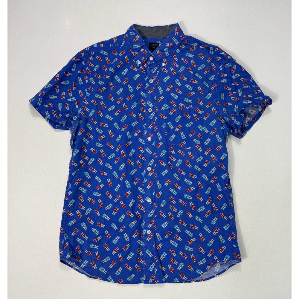 J Crew Mens Medium Button Up Shirt Blue Popsicle Print Modern Classic H4743 XC4